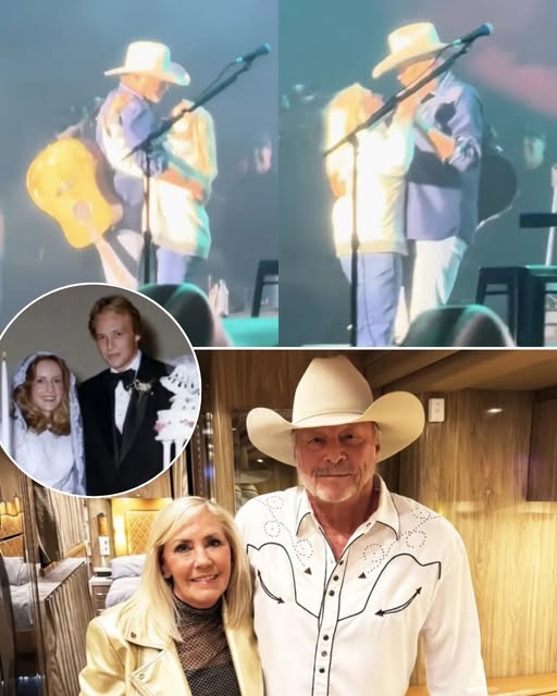 In a moment that melted hearts, Alan Jackson stepped away from the mic and waved his wife, Denise, up to the stage—a rare sight that had the crowd holding their breath. As the first notes of “Remember When” played, the two shared a tender kiss, then swayed together in a quiet slow dance that said more than words ever could. It wasn’t just a performance—it was a love story, unfolding in real time
