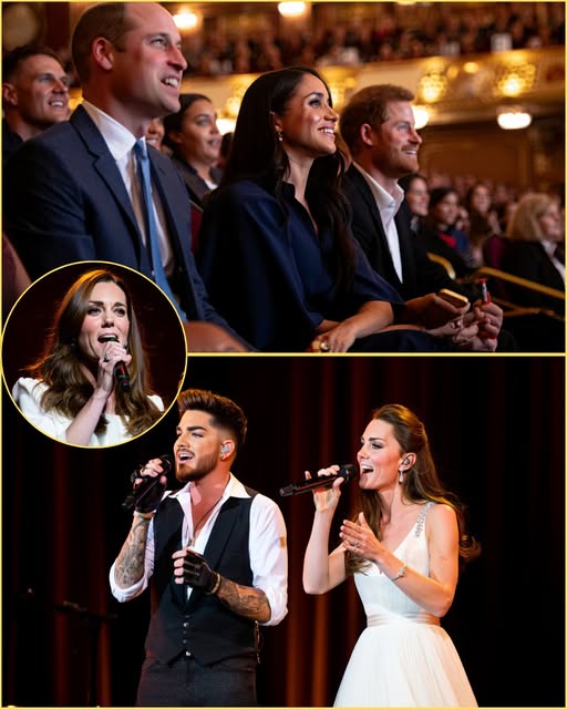 Adam Lambert took the stage for a private performance alongside Kate Middleton, stunning the exclusive audience with their unexpected duet. Under the dramatic stage lights, Adam’s edgy, tattooed presence blended with Kate’s graceful elegance as the two harmonized effortlessly, their voices weaving together in a surprisingly powerful collaboration. But while the spotlight shone on the stage, an equally fascinating scene unfolded quietly in the audience. Sitting in the front row was Meghan Markle — the former royal who once stepped away from the monarchy