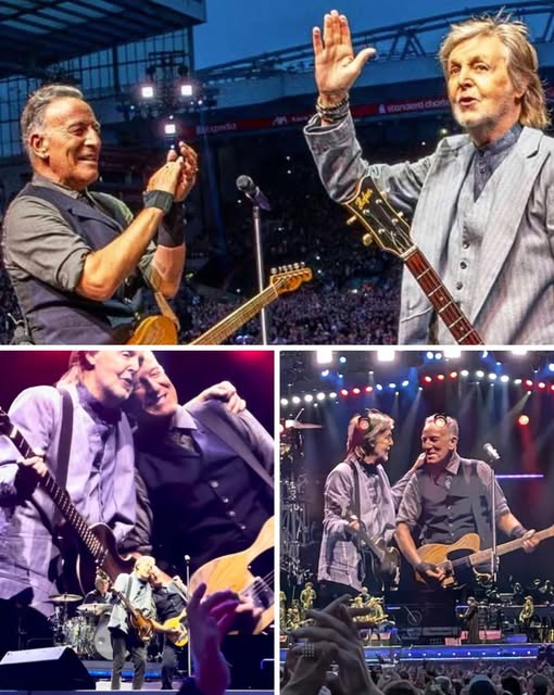 “2 LEGENDS – 1 HISTORICAL MOMENT” 🔥 Paul McCartney’s SURPRISE appearance with Bruce Springsteen sent Anfield into a frenzy Without any prior announcement—until the encore… and then Sir Paul McCartney, 82, walked onto the stage before tens of thousands of screaming Liverpool fans. The stadium erupted as the two icons embraced and sang “Can’t Buy Me Love”—a moment fans called “biblical,” “unbelievable.” Bruce “The Boss,” 75, who had given his all throughout the show, stood beside his idol, creating a duet Liverpool had been waiting for for over a decade. It wasn’t just a surprise… it was a moment that brought tears to the eyes of an entire generation amidst a sea of singing fans.